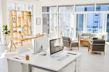 empty-office-room-workplace-interior-with-arranged-desk-computers-furniture-corporate-organized-work-space-business-company-working-area-modern-headquarters-workspace